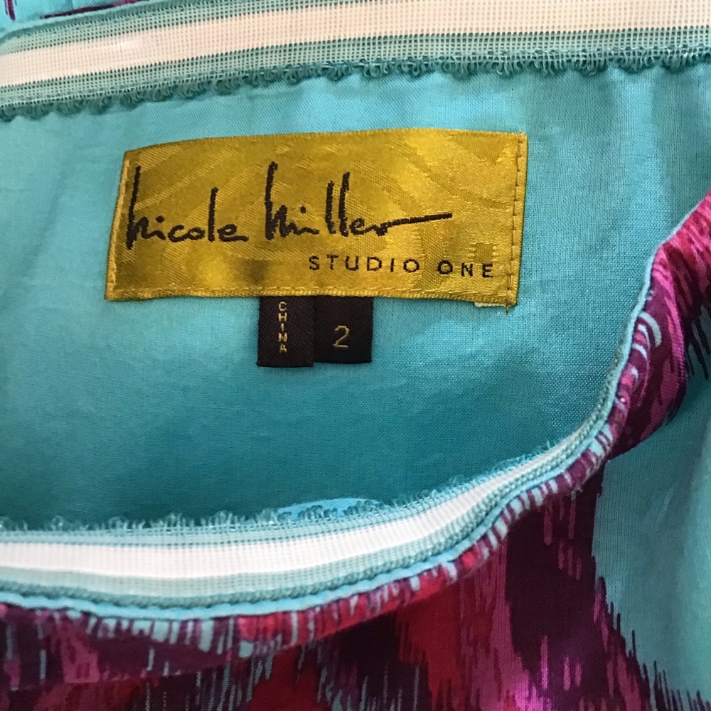 Nicole Miller Turquoise/Purple Cotton Ikat Strapless Dress Sz. 2 - Picture 5 of 7